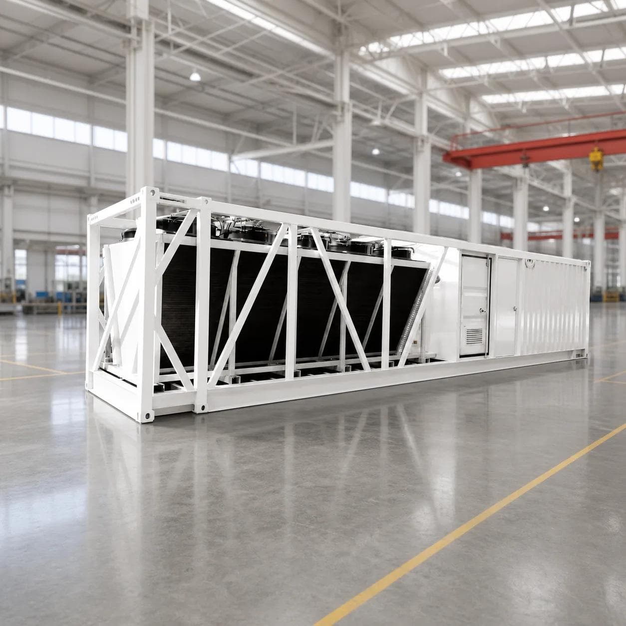 Offener Containerrahmen mit Kühlmodulen während der Werksintegration