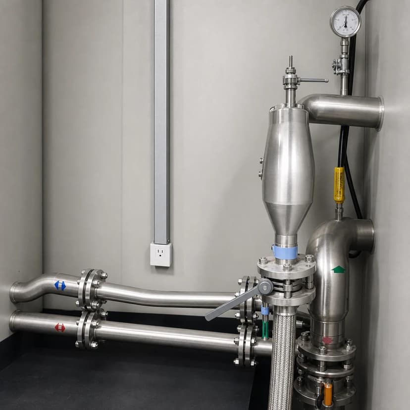 In-cabin stainless-steel cooling-water pipework, valve set and pressure monitoring