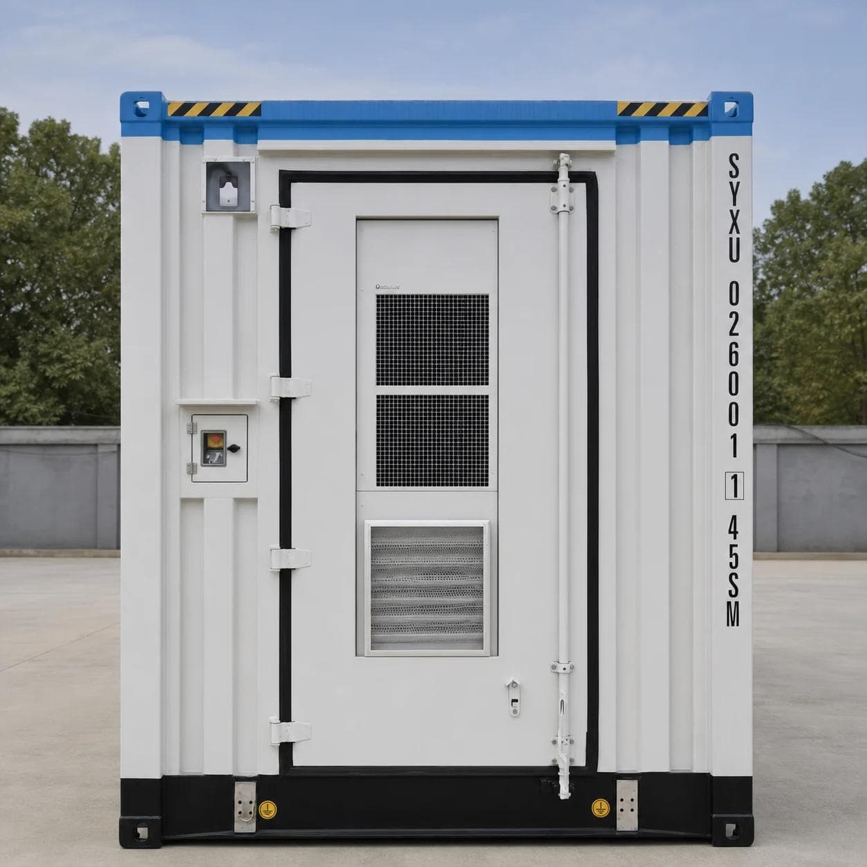 Stirnseite des Containermoduls mit türseitigem Klimagerät und Lüftungsgitter