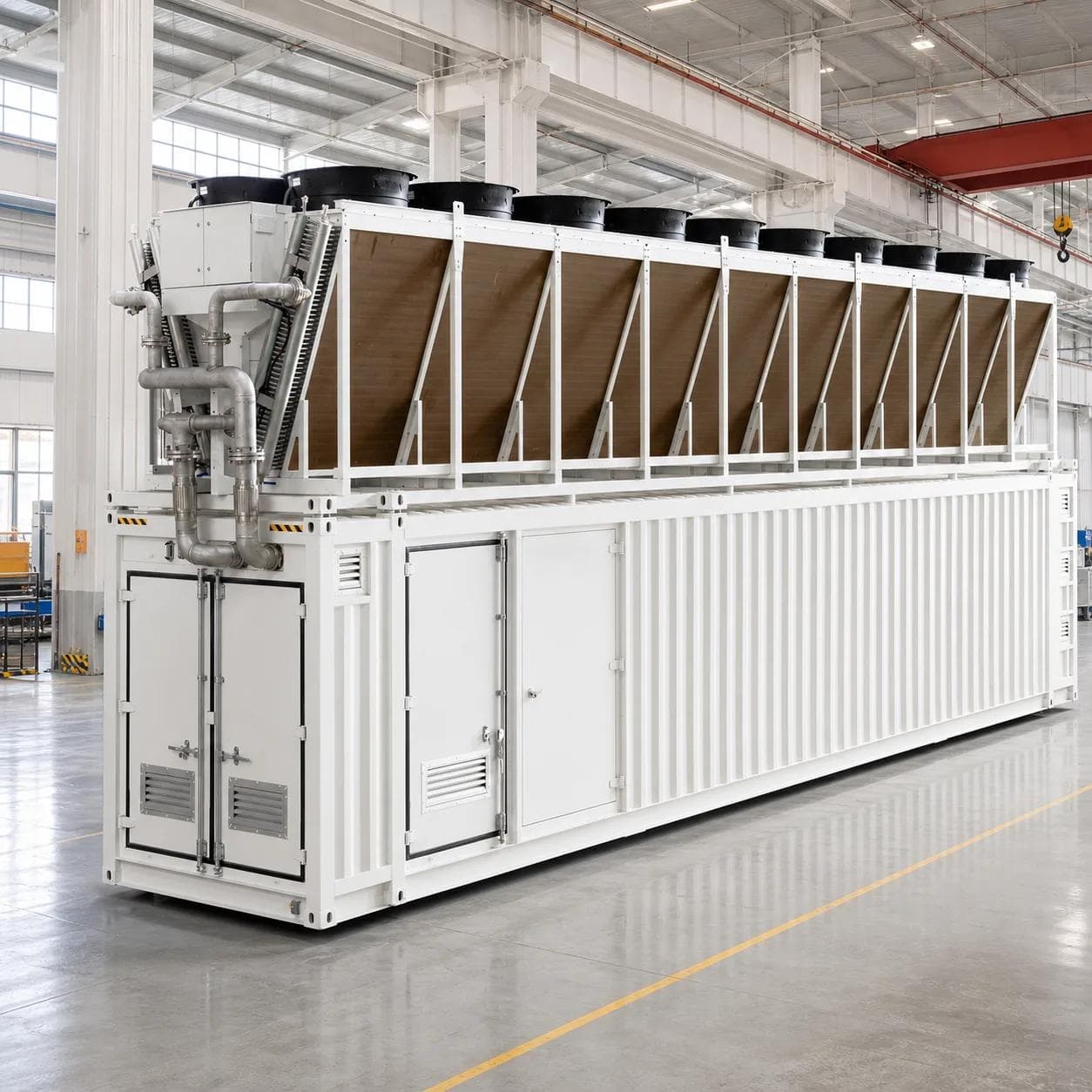 Flüssigkeitsgekühlter Container mit Dachrückkühlern und Edelstahlleitungen