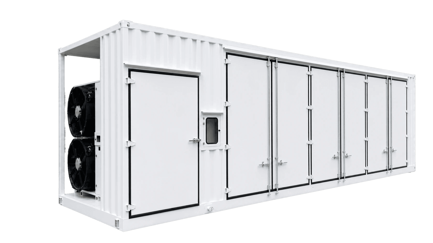 Enveloppe BESS moyenne tension : conteneur avec portes de visite en paroi latérale et groupe de condensation en about