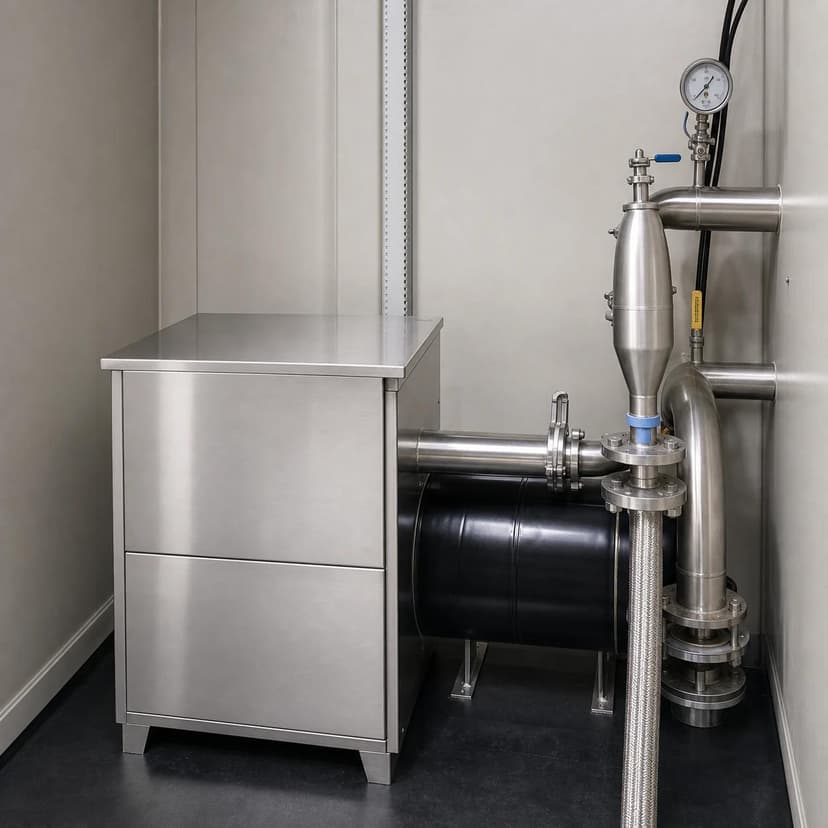 In-cabin stainless-steel cooling-water tank, circulation pump and make-up lines