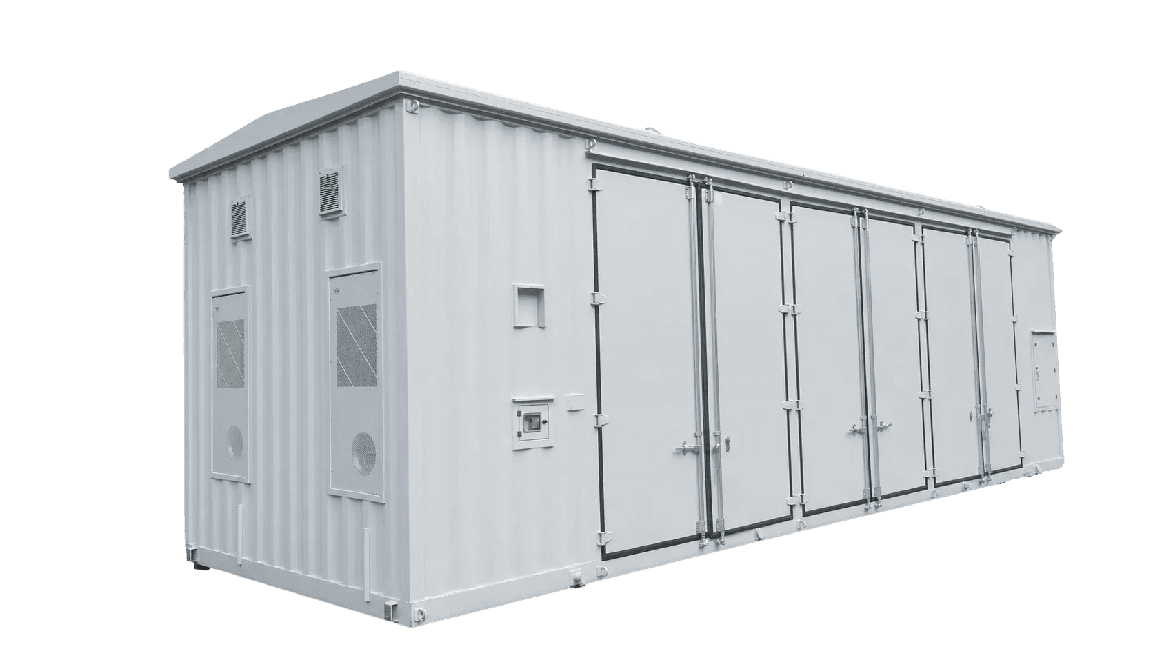 STATCOM E-House Außenansicht — weißes Containergehäuse mit mehreren Doppel-Gerätetüren und HLK-Geräten an der Stirnwand